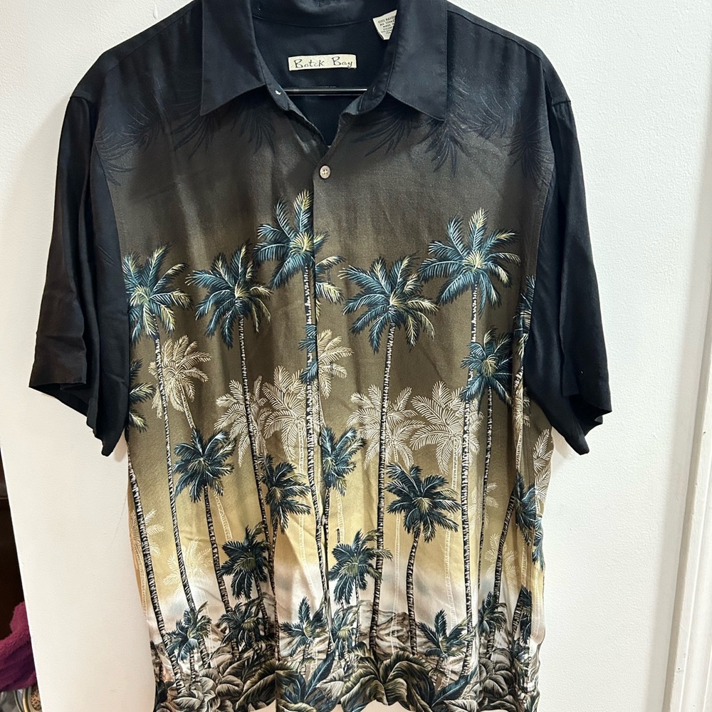 Batik Bay Mens Large Aloha Hawaiian Shirt Palm Tree Border Print Rayon Black Tan